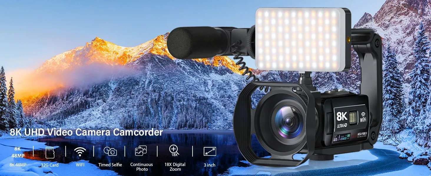 8K UHD vlogging camcorder with external microphone, LED fill light, and stabilizer handle, positioned against a snowy mountain backdrop.
