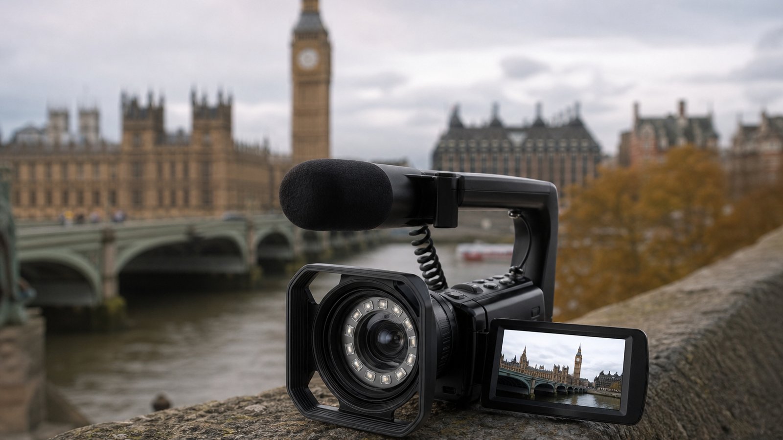 Lightweight handheld vlogging camcorder on a UK travel scene