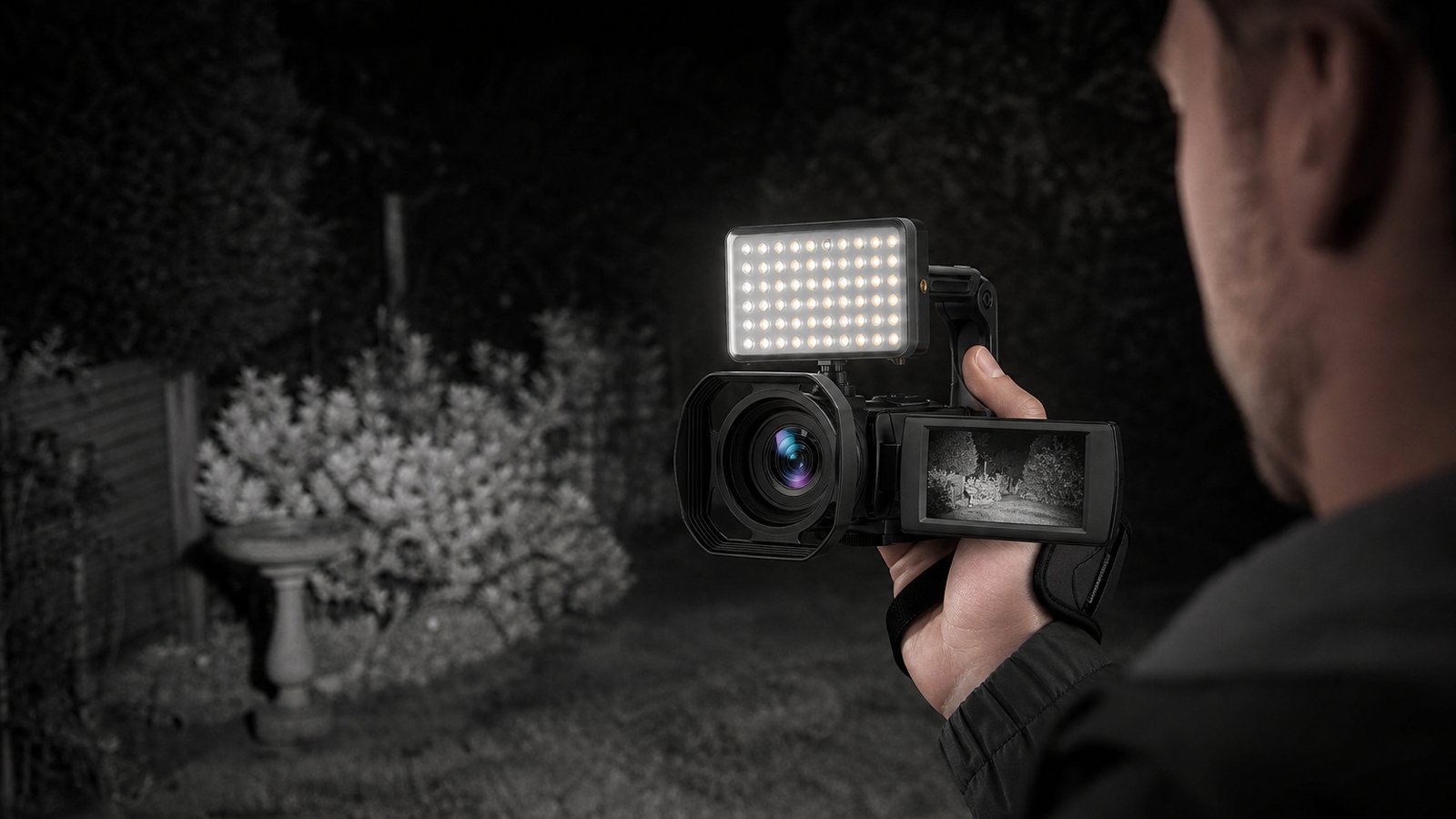 Handheld night-vision vlogging camcorder filming in a dark UK garden